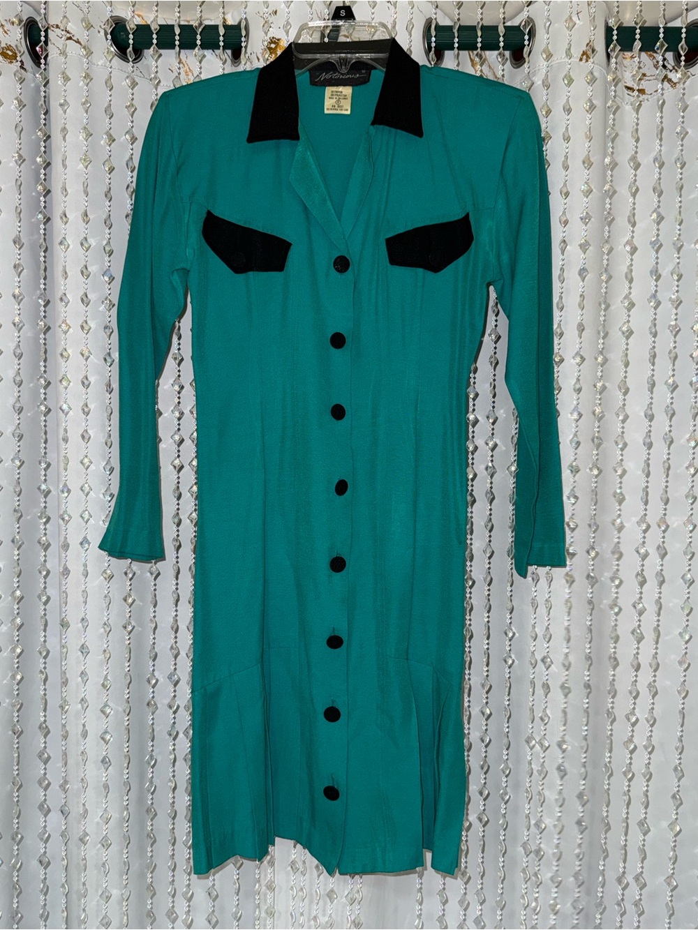 Vintage Teal Long Button-Front Womens Dress with Black Accents & Shoulder Pads